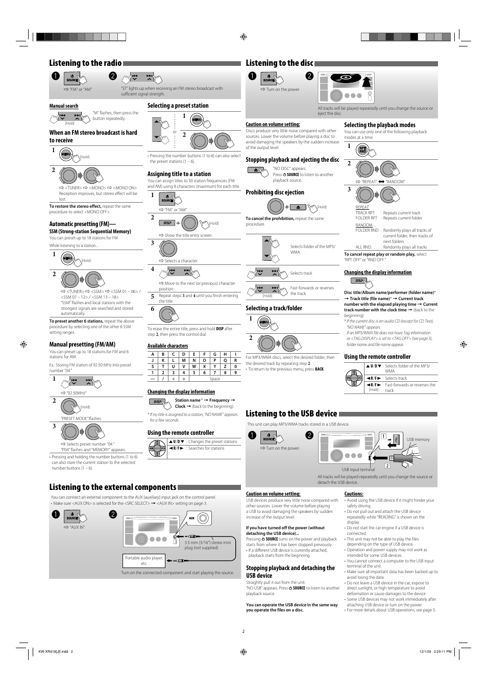 Listening to the radio, Listening to the disc, Listening to the usb device | Listening to the external components | JVC GET0655-001B User Manual | Page 2 / 6