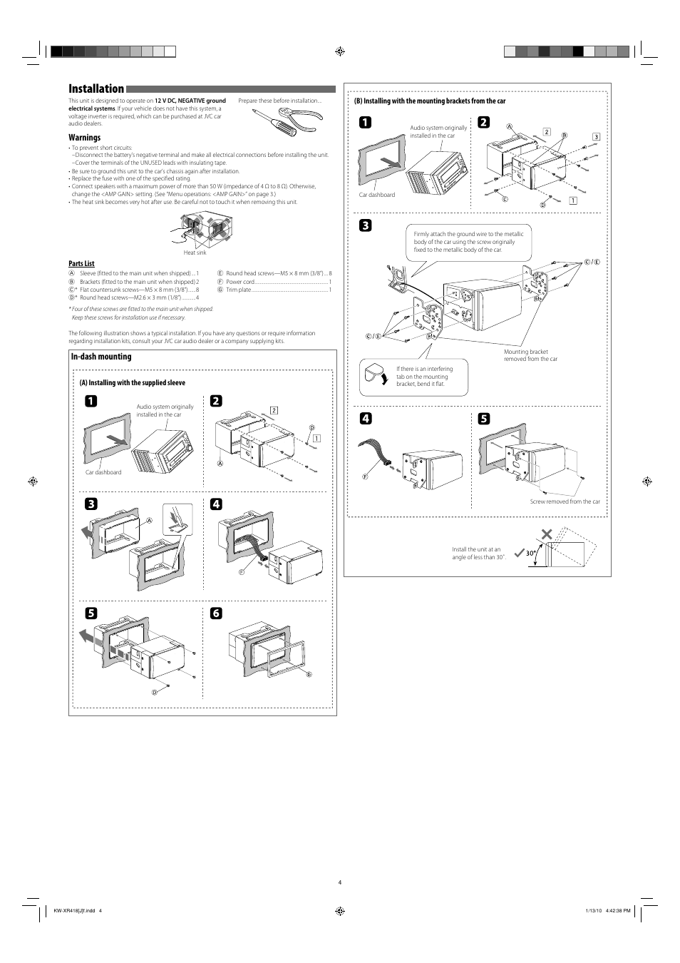Installation, Warnings, In-dash mounting | JVC GET0655-001B User Manual | Page 4 / 6