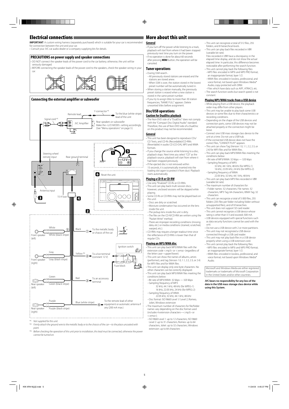 More about this unit, Electrical connections, Tuner operations | Disc/usb operations, Connecting the external amplifier or subwoofer | JVC GET0655-001B User Manual | Page 5 / 6