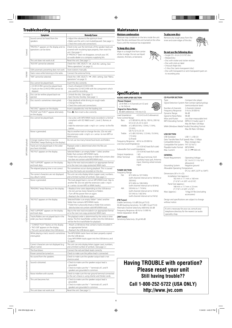Troubleshooting, Specifications, Maintenance | JVC GET0655-001B User Manual | Page 6 / 6