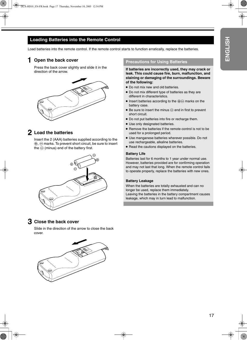 Loading batteries into the remote control, English | JVC DLA-HD10KSU/E User Manual | Page 17 / 50