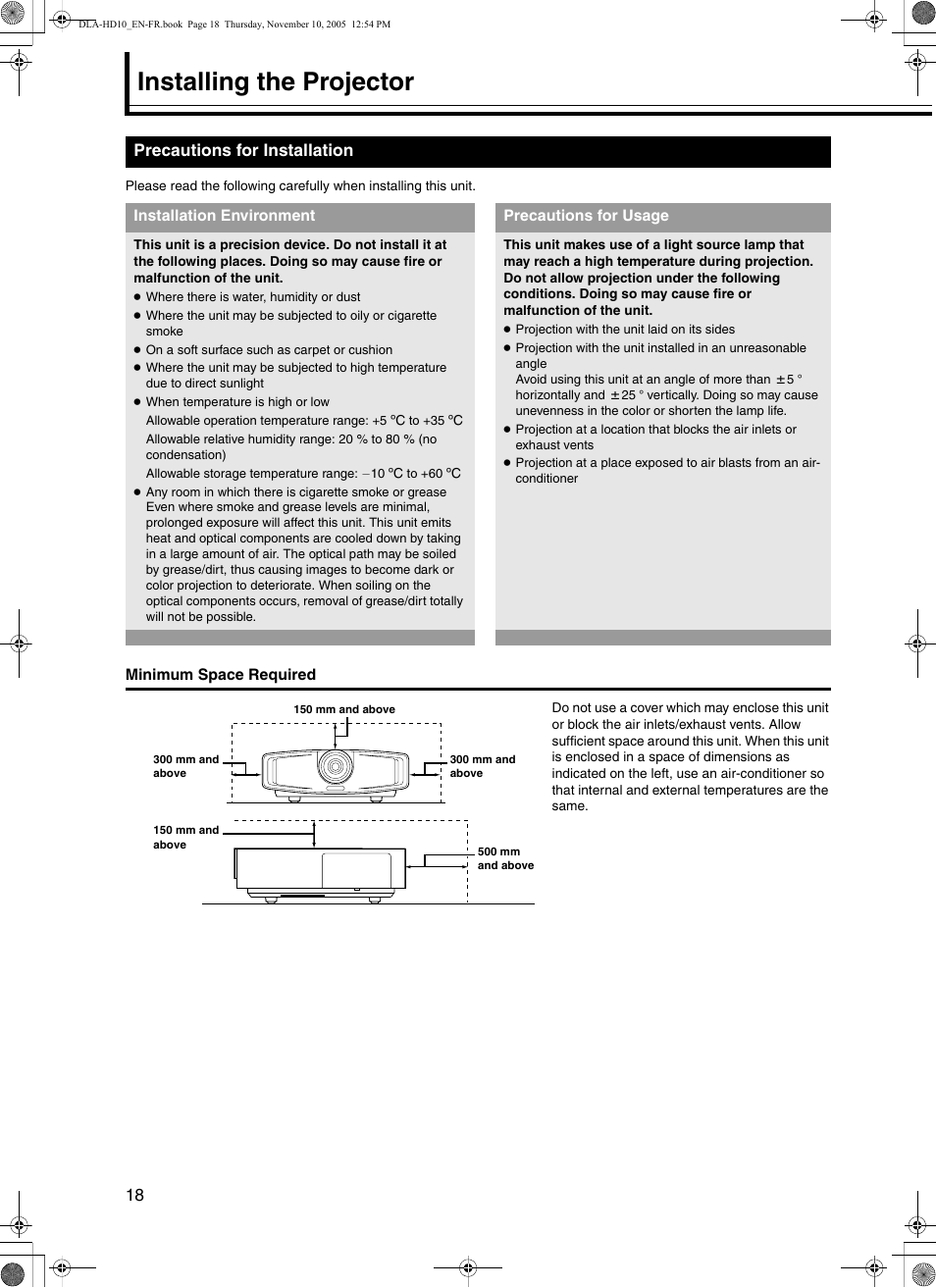 Installing the projector, Precautions for installation | JVC DLA-HD10KSU/E User Manual | Page 18 / 50