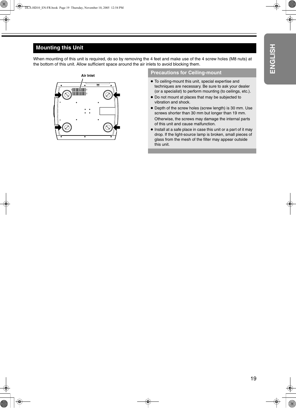 Mounting this unit, English | JVC DLA-HD10KSU/E User Manual | Page 19 / 50