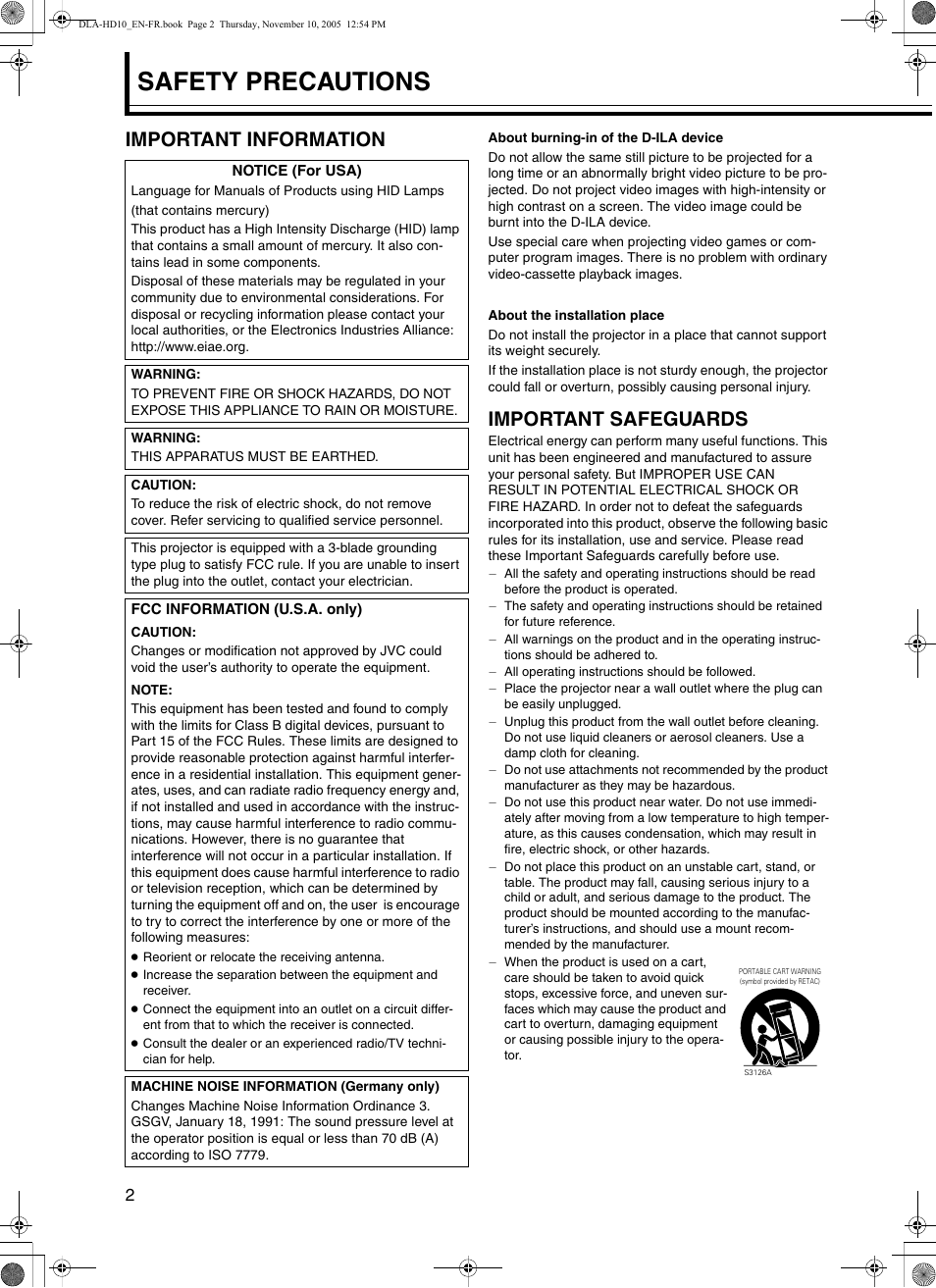Safety precautions, Important information, Important safeguards | JVC DLA-HD10KSU/E User Manual | Page 2 / 50