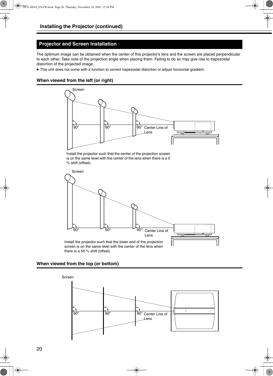 Projector and screen installation, Installing the projector (continued) 20 | JVC DLA-HD10KSU/E User Manual | Page 20 / 50