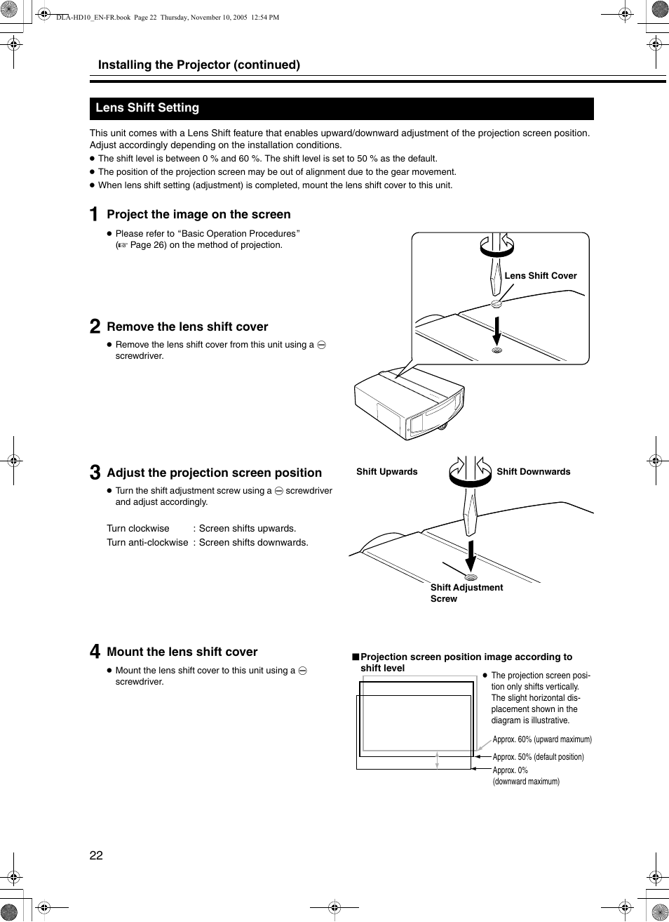 Lens shift setting | JVC DLA-HD10KSU/E User Manual | Page 22 / 50