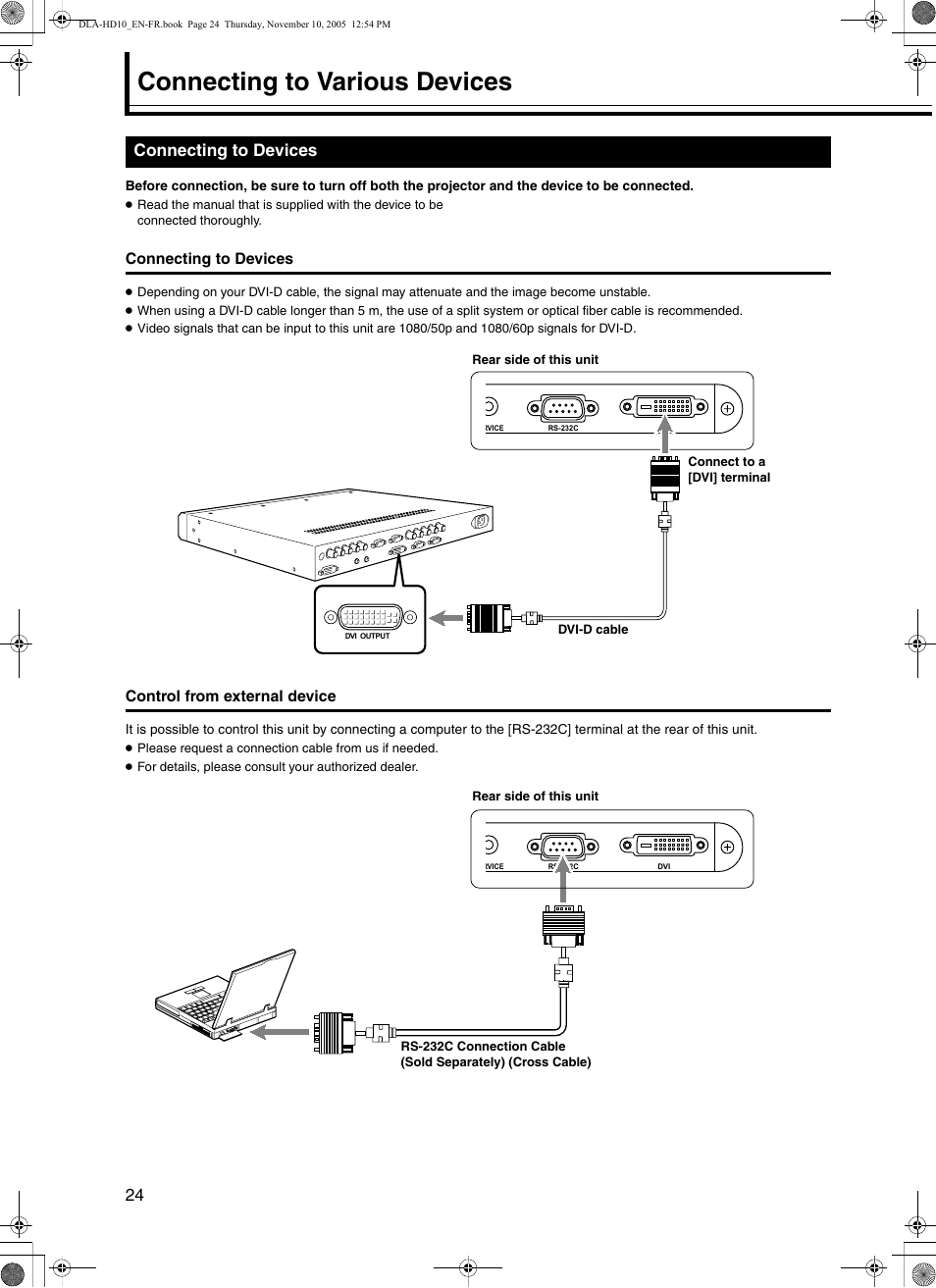 Connecting to various devices, Connecting to devices | JVC DLA-HD10KSU/E User Manual | Page 24 / 50