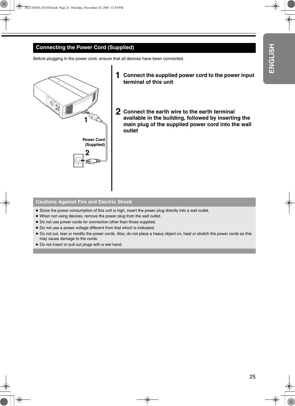 Connecting the power cord (supplied), English | JVC DLA-HD10KSU/E User Manual | Page 25 / 50