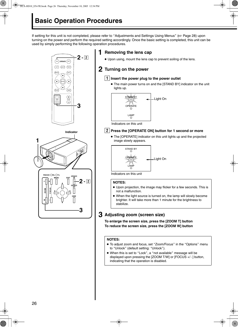 Basic operation procedures, Removing the lens cap, Turning on the power | Adjusting zoom (screen size) | JVC DLA-HD10KSU/E User Manual | Page 26 / 50