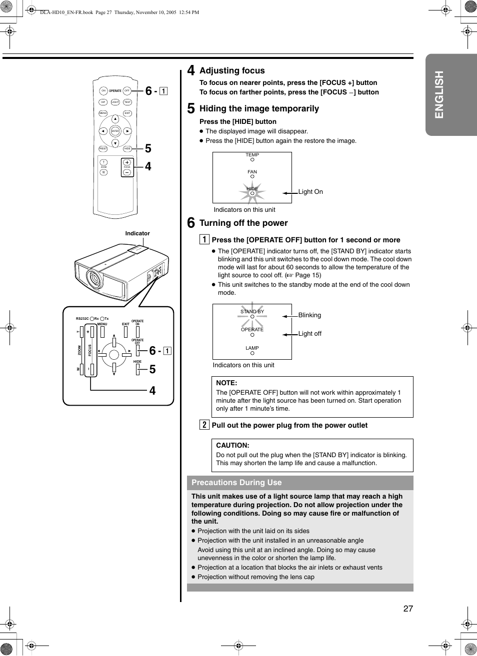 English, Ed f, Adjusting focus | Hiding the image temporarily, Turning off the power, Precautions during use | JVC DLA-HD10KSU/E User Manual | Page 27 / 50