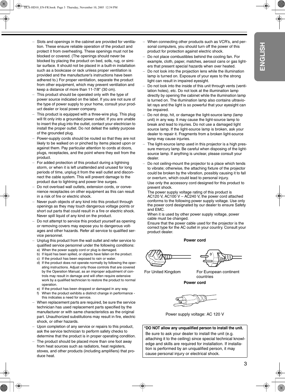 English | JVC DLA-HD10KSU/E User Manual | Page 3 / 50