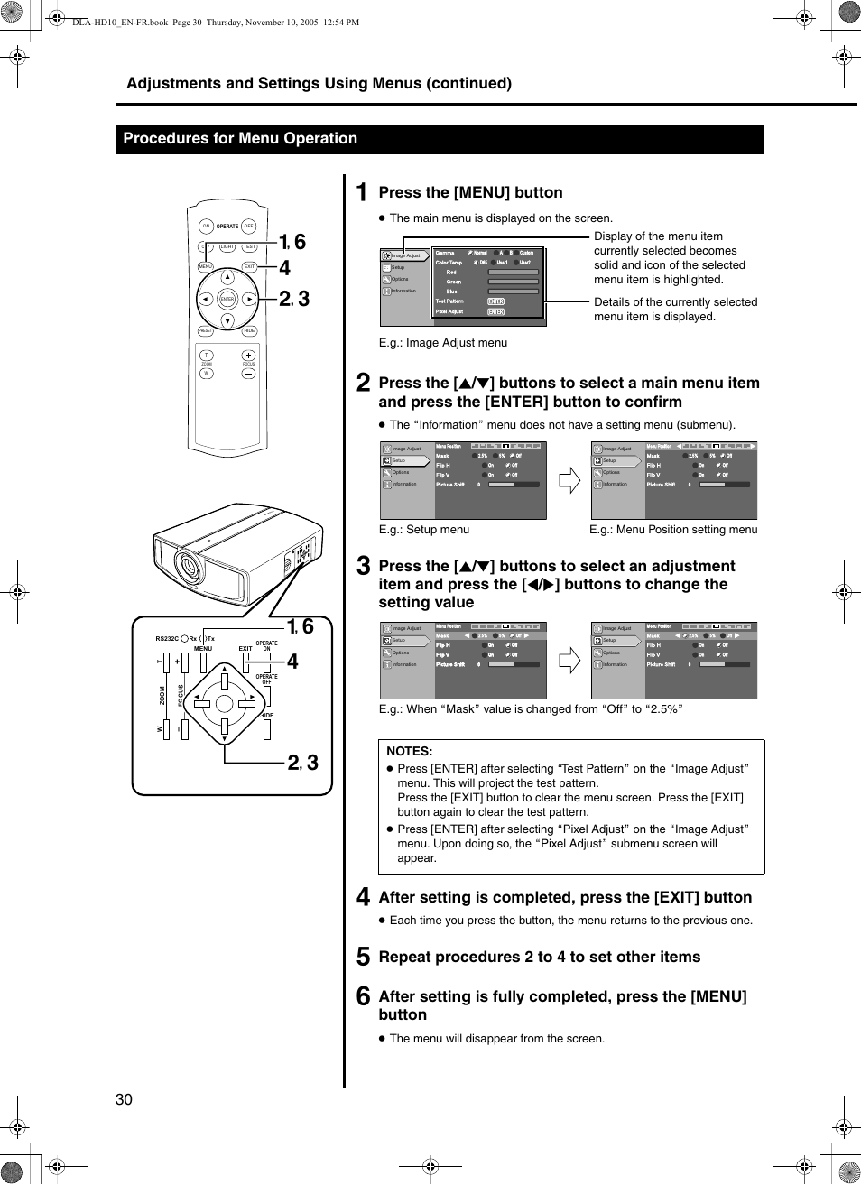 Procedures for menu operation, A, f b, c d a, f b, c d, Pres s the [menu] b utton | Repeat procedures 2 to 4 to set other items, The main menu is displayed on the screen, The menu will disappear from the screen | JVC DLA-HD10KSU/E User Manual | Page 30 / 50