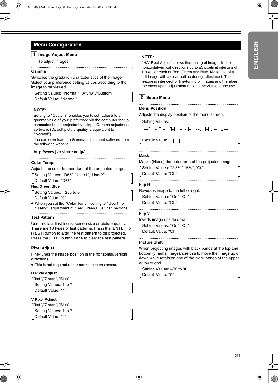 Menu configuration, English | JVC DLA-HD10KSU/E User Manual | Page 31 / 50