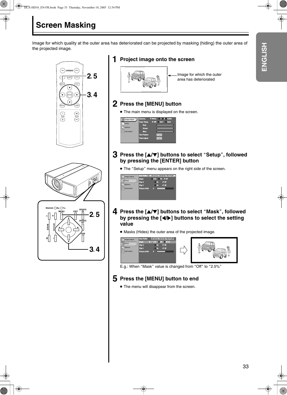 Screen masking, English, B, e c, d b, e c, d | Project image onto the screen, Press the [menu] b utton, Press the [menu] b utton to end, The main menu is displayed on the screen, The menu will disappear from the screen | JVC DLA-HD10KSU/E User Manual | Page 33 / 50