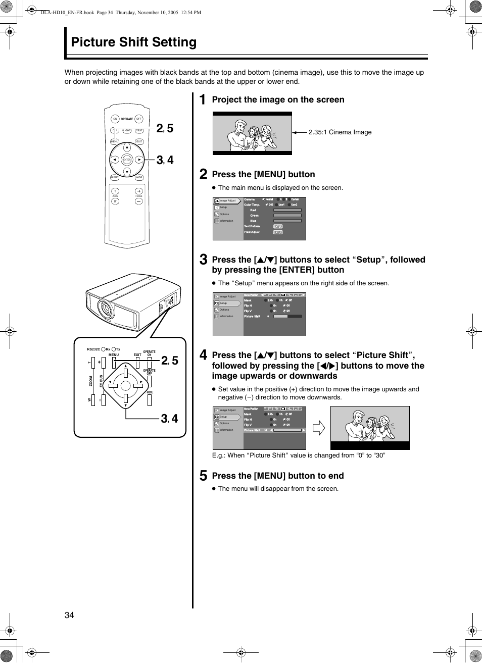 Picture shift setting, B, e c, d b, e c, d, Project the image on the screen | Pres s the [menu] b utton, Pres s the [menu] b utton to end, The main menu is displayed on the screen, The menu will disappear from the screen, 1 cinema image | JVC DLA-HD10KSU/E User Manual | Page 34 / 50