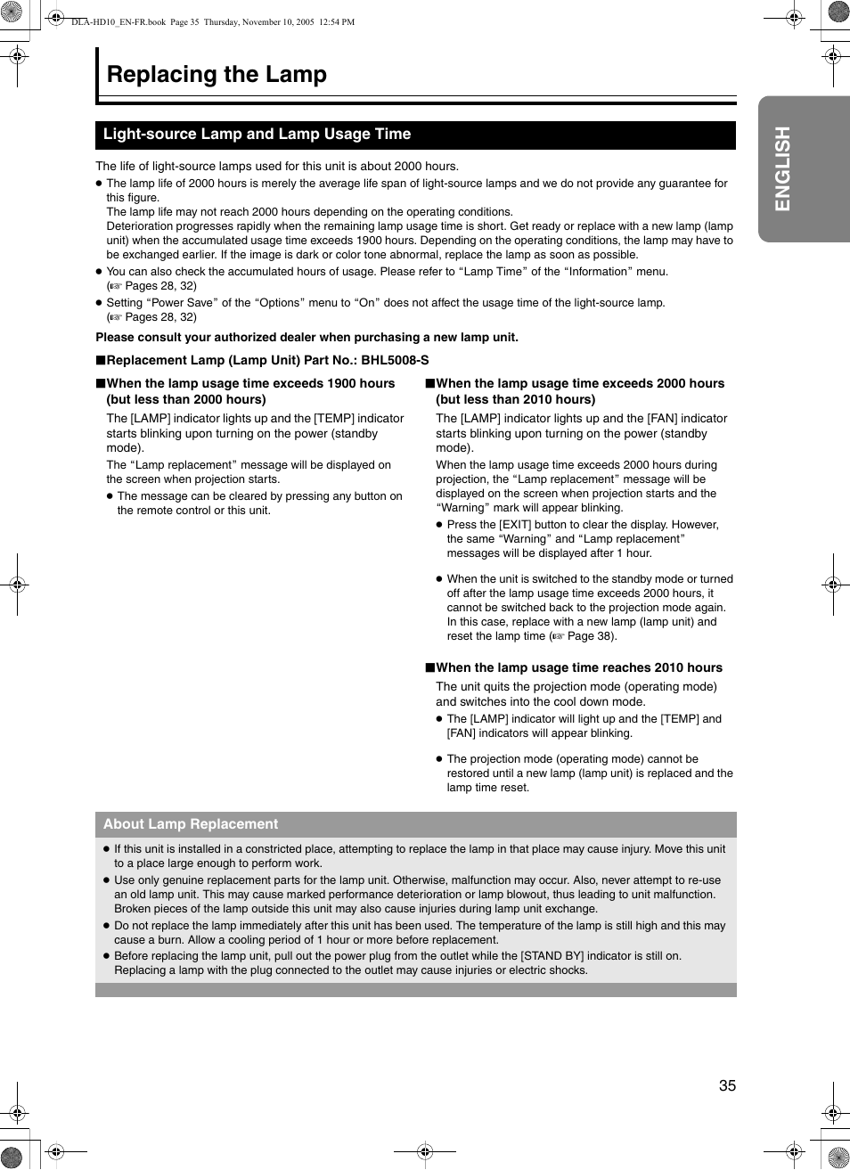 Replacing the lamp, Light-source lamp and lamp usage time, English | JVC DLA-HD10KSU/E User Manual | Page 35 / 50