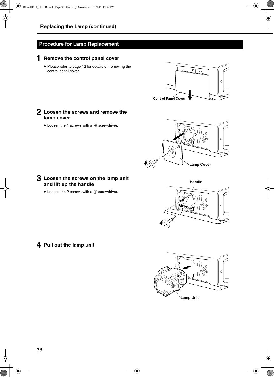 Procedure for lamp replacement | JVC DLA-HD10KSU/E User Manual | Page 36 / 50