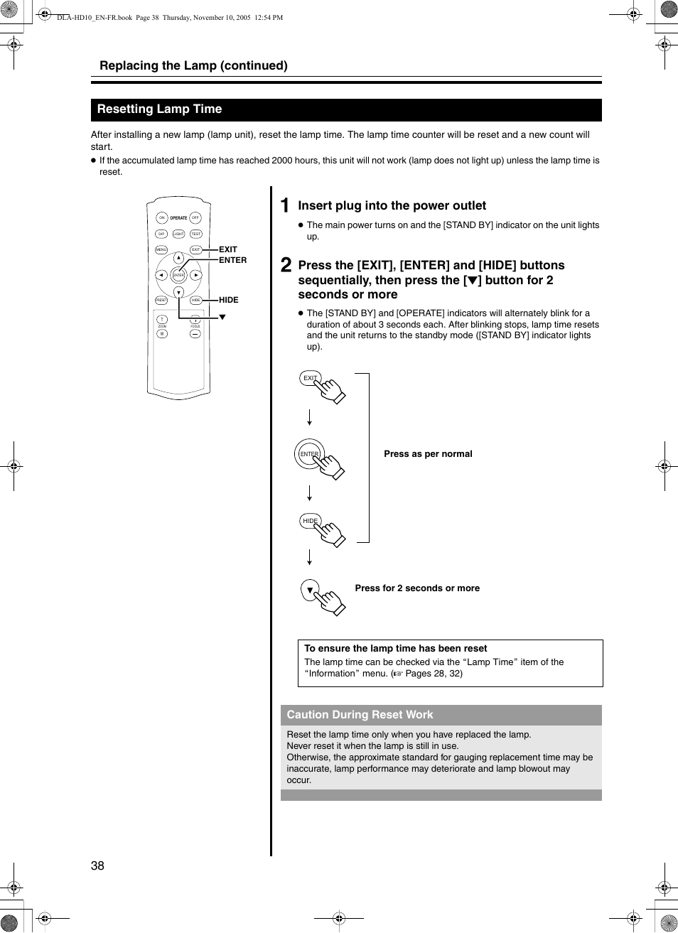 Resetting lamp time, Replacing the lamp (continued) 38, Insert plug into the power outlet | Caution during reset work | JVC DLA-HD10KSU/E User Manual | Page 38 / 50