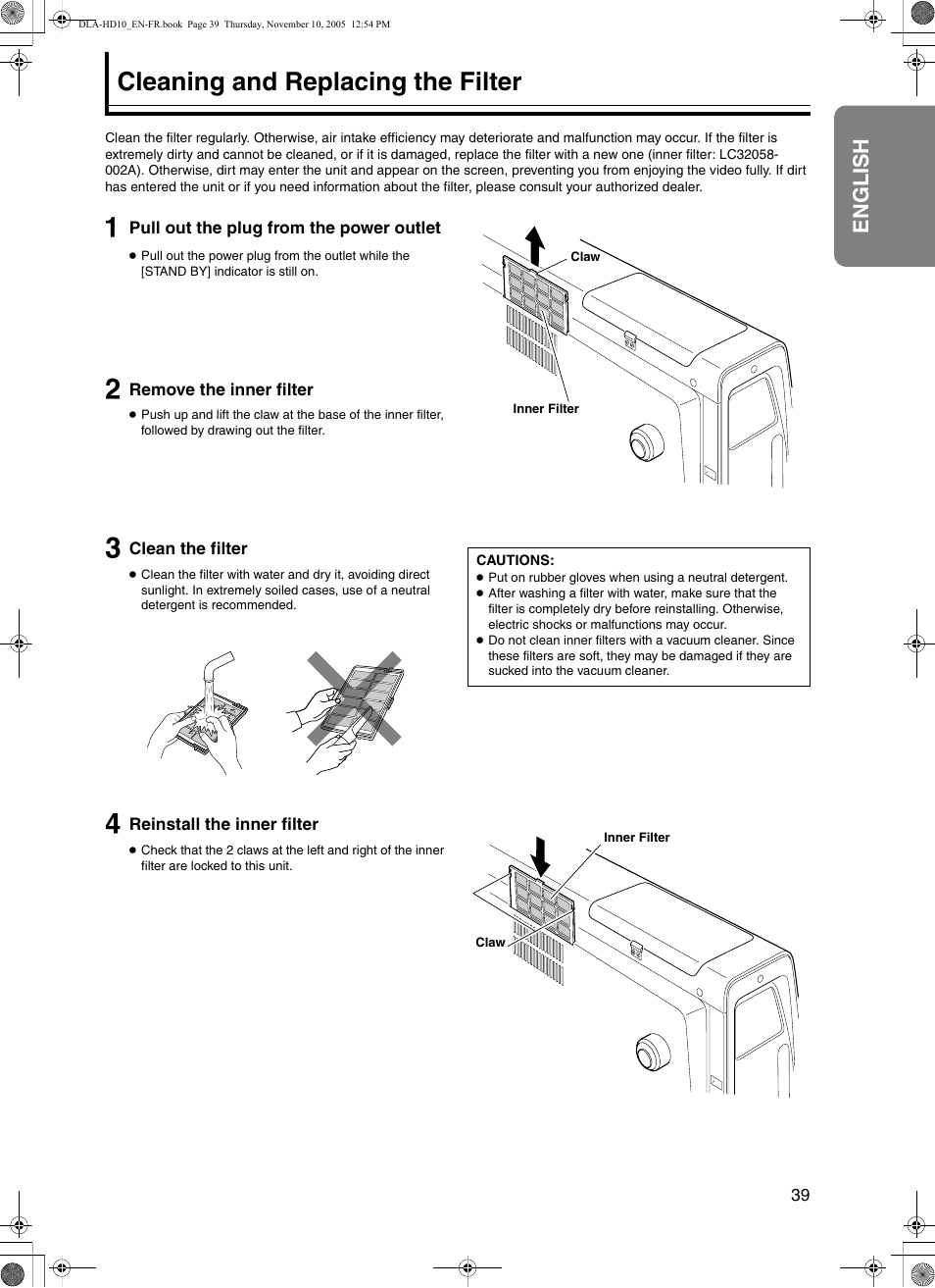 Cleaning and replacing the filter, English | JVC DLA-HD10KSU/E User Manual | Page 39 / 50