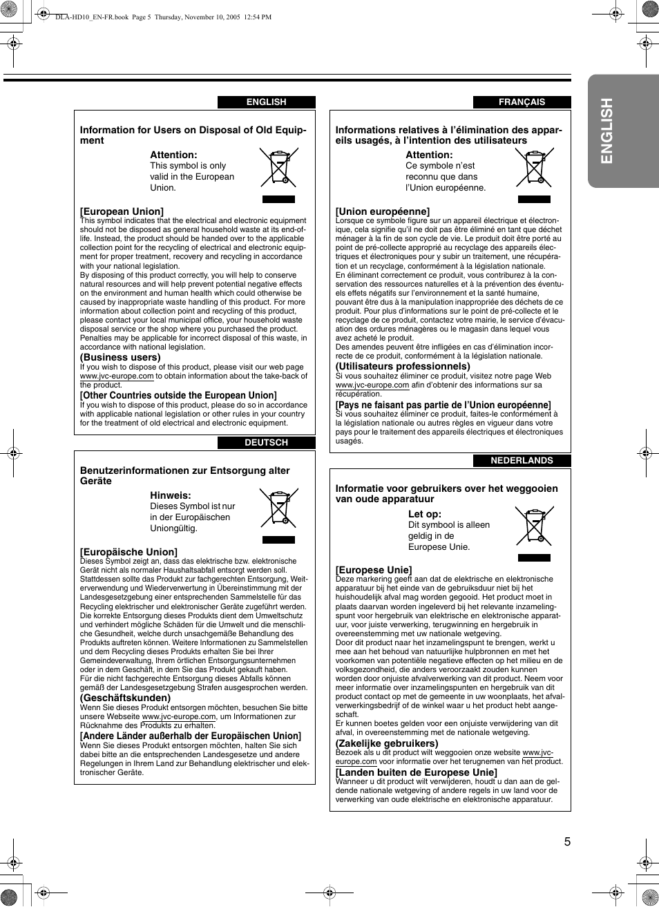 English | JVC DLA-HD10KSU/E User Manual | Page 5 / 50