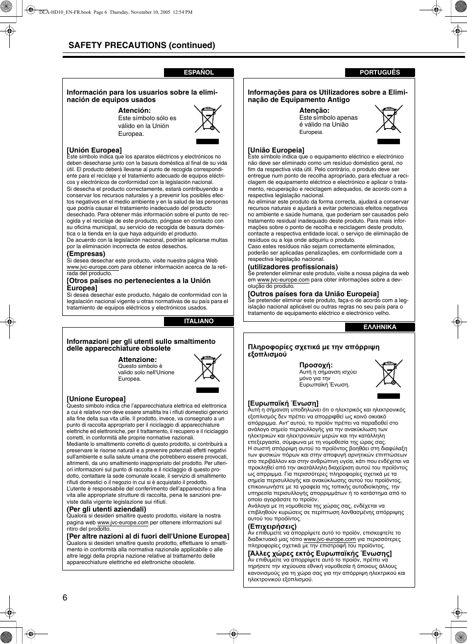 Safety precautions (continued) 6 | JVC DLA-HD10KSU/E User Manual | Page 6 / 50