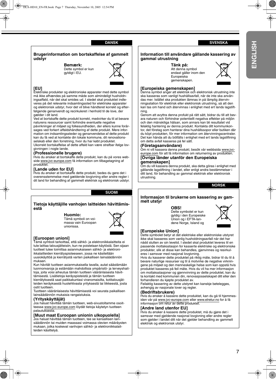 English | JVC DLA-HD10KSU/E User Manual | Page 7 / 50