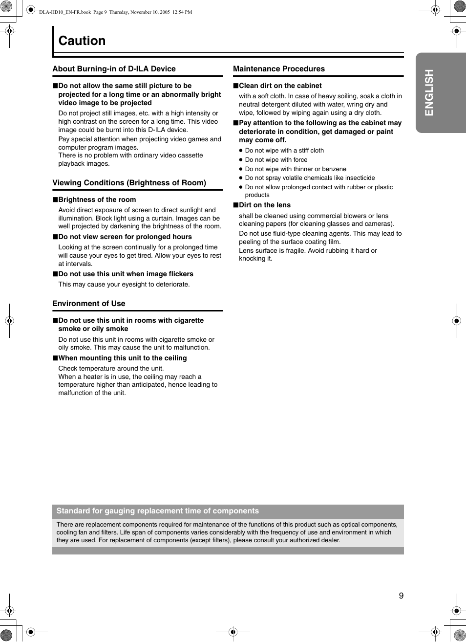 Caution, English | JVC DLA-HD10KSU/E User Manual | Page 9 / 50