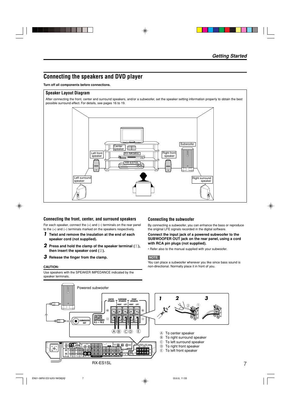 Connecting the speakers and dvd player, Getting started, 12 3 ab cd e | Speaker layout diagram, Min max, Out (rec) in (play), Rs-video, Connecting the subwoofer, Rx-es1sl, Release the finger from the clamp | JVC LVT1002-012B User Manual | Page 10 / 78