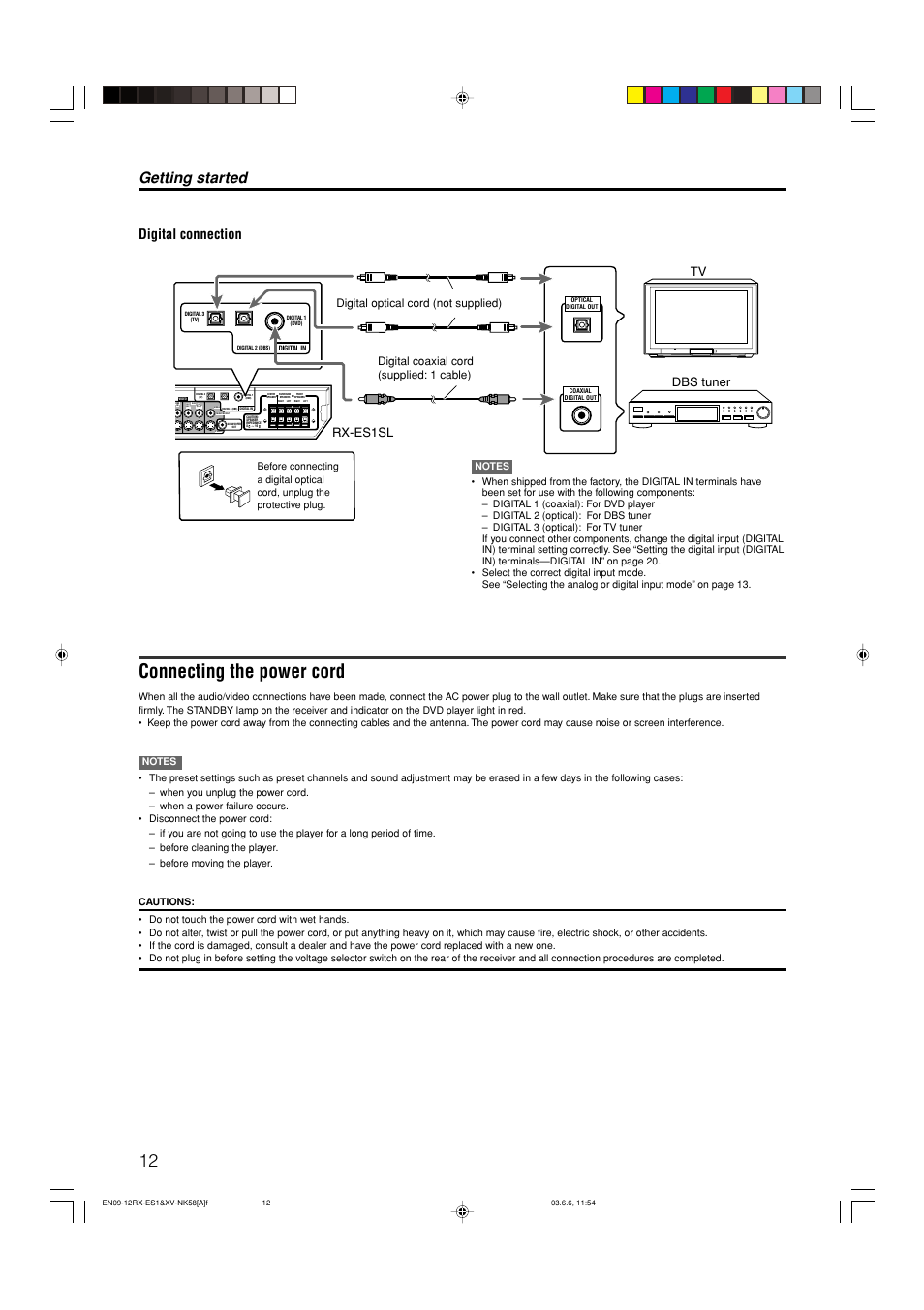 Connecting the power cord, Getting started, Out (rec) in (play) | Rs-video, Digital connection, Dbs tuner tv, Rx-es1sl | JVC LVT1002-012B User Manual | Page 15 / 78