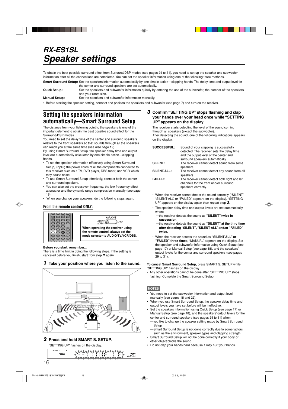 Speaker settings, Rx-es1sl, Min max | Take your position where you listen to the sound, Press and hold smart s. setup | JVC LVT1002-012B User Manual | Page 19 / 78
