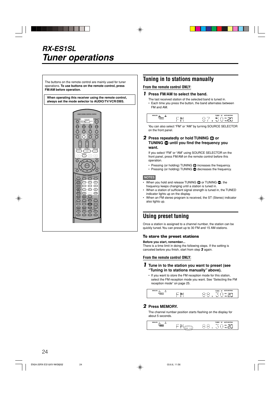 Tuner operations, Rx-es1sl, Tuning in to stations manually | Using preset tuning, Press fm/am to select the band | JVC LVT1002-012B User Manual | Page 27 / 78