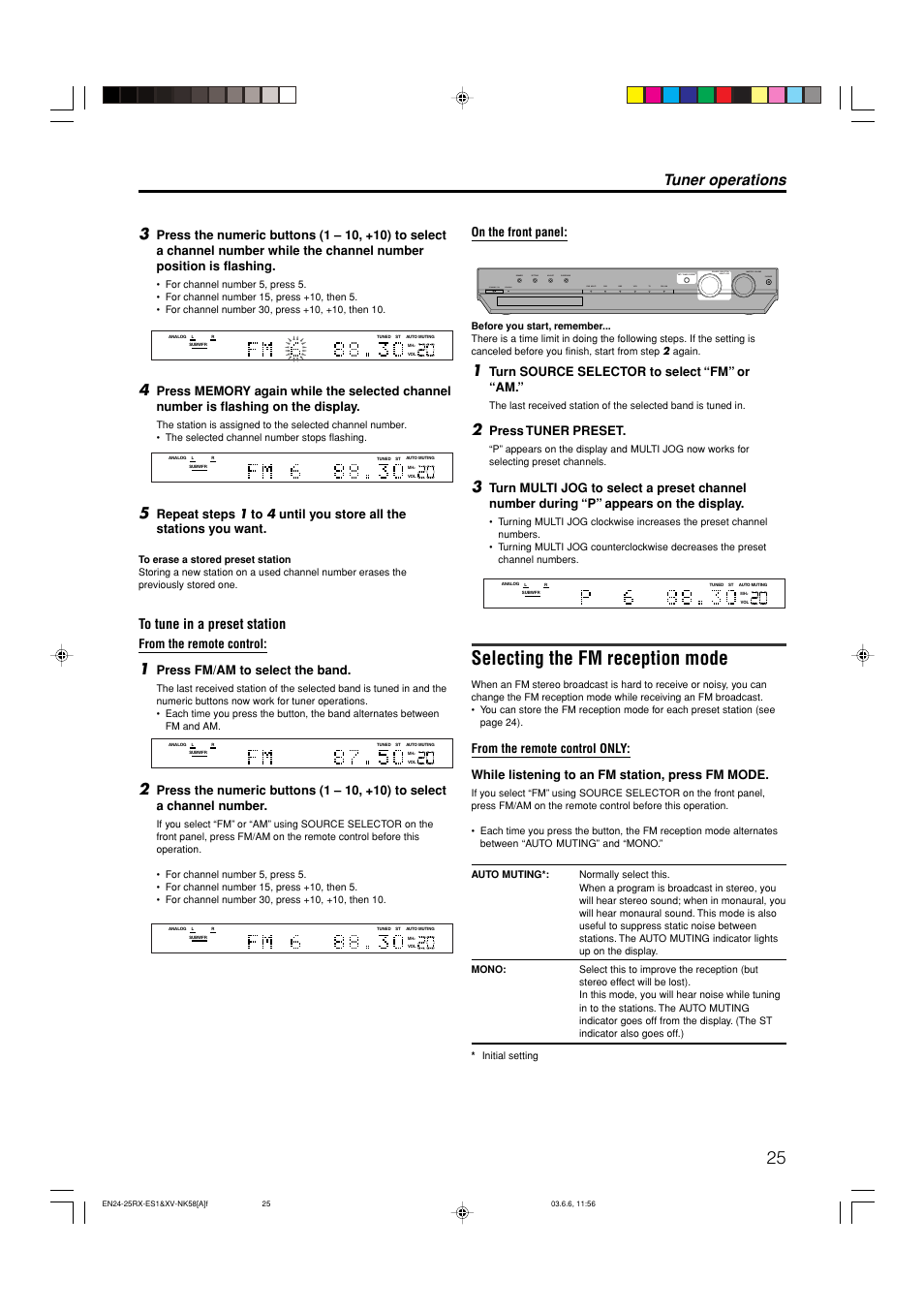 Selecting the fm reception mode, Tuner operations, Press fm/am to select the band | On the front panel, Turn source selector to select “fm” or “am, Press tuner preset | JVC LVT1002-012B User Manual | Page 28 / 78