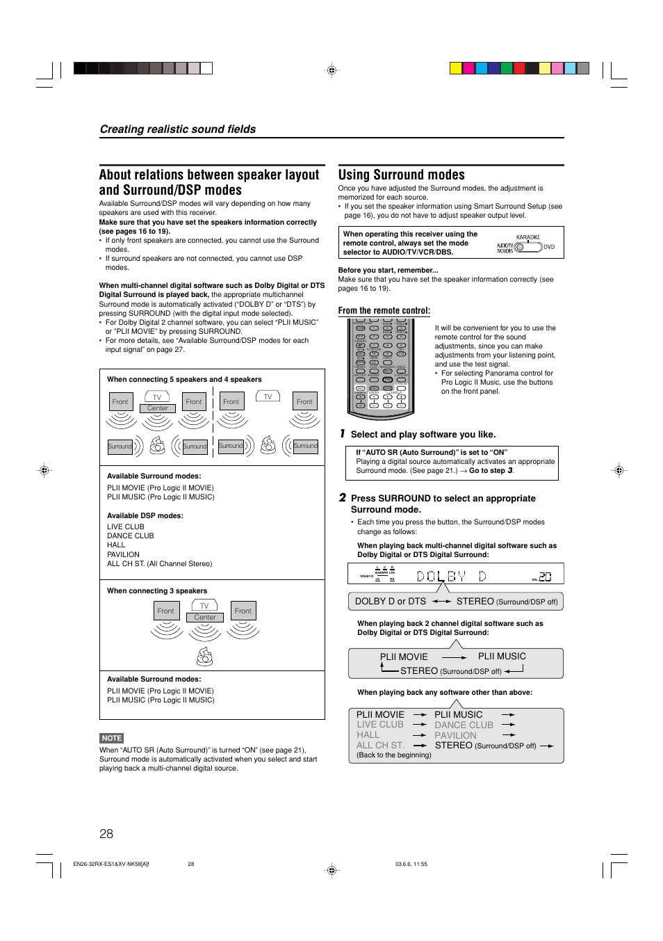 Using surround modes, Creating realistic sound fields, Select and play software you like | Stereo, Dolby d or dts, Plii movie plii music stereo, Live club pavilion hall dance club all ch st | JVC LVT1002-012B User Manual | Page 31 / 78