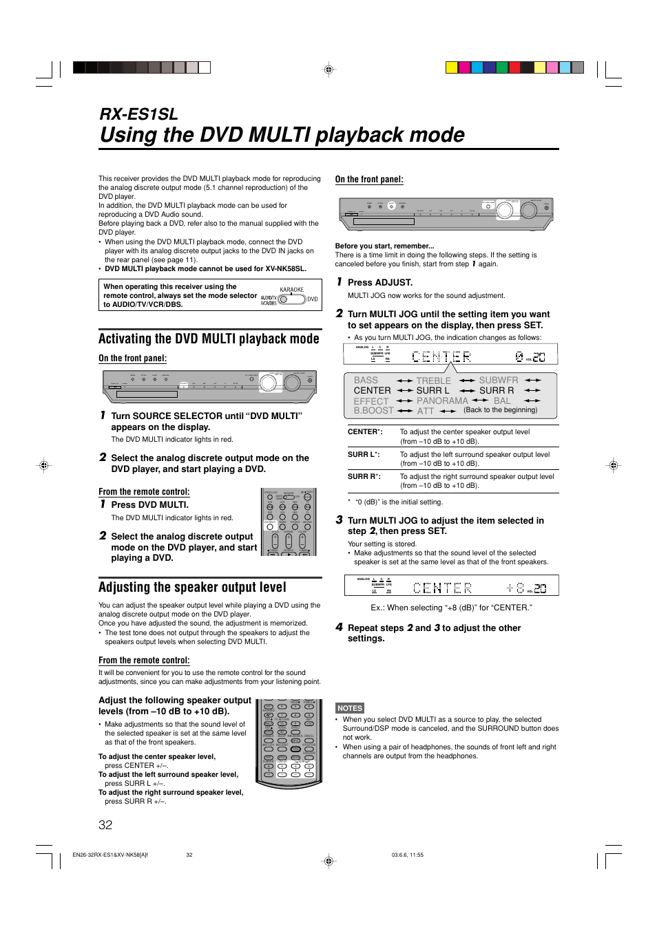 Using the dvd multi playback mode, Rx-es1sl, Activating the dvd multi playback mode | Adjusting the speaker output level, On the front panel, Press dvd multi, Bass treble panorama b.boost att, Press adjust, Repeat steps 2 and 3 to adjust the other settings | JVC LVT1002-012B User Manual | Page 35 / 78