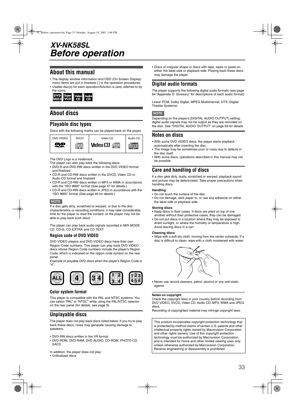 Before operation, Xv-nk58sl, About this manual | About discs, Playable disc types, Unplayable discs, Digital audio formats, Care and handling of discs | JVC LVT1002-012B User Manual | Page 36 / 78