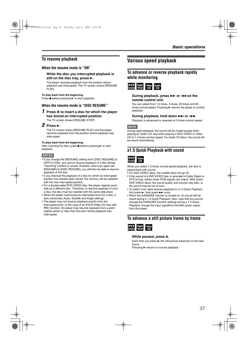 Various speed playback, X1.5 quick playback with sound, Basic operations | JVC LVT1002-012B User Manual | Page 40 / 78