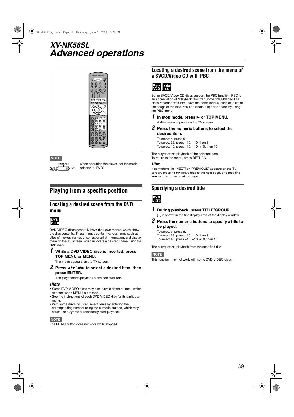 Advanced operations, Xv-nk58sl, Playing from a specific position | JVC LVT1002-012B User Manual | Page 42 / 78