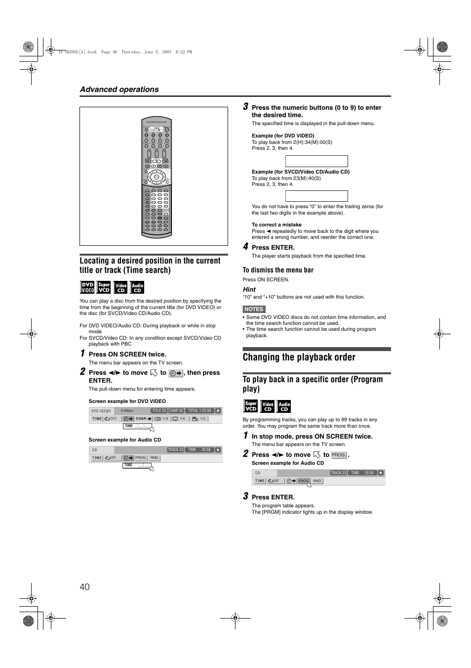 Changing the playback order, Advanced operations, Press on screen twice | Press 2 / 3 to move to , then press enter, Press enter, Hint, Press 2 / 3 to move to | JVC LVT1002-012B User Manual | Page 43 / 78