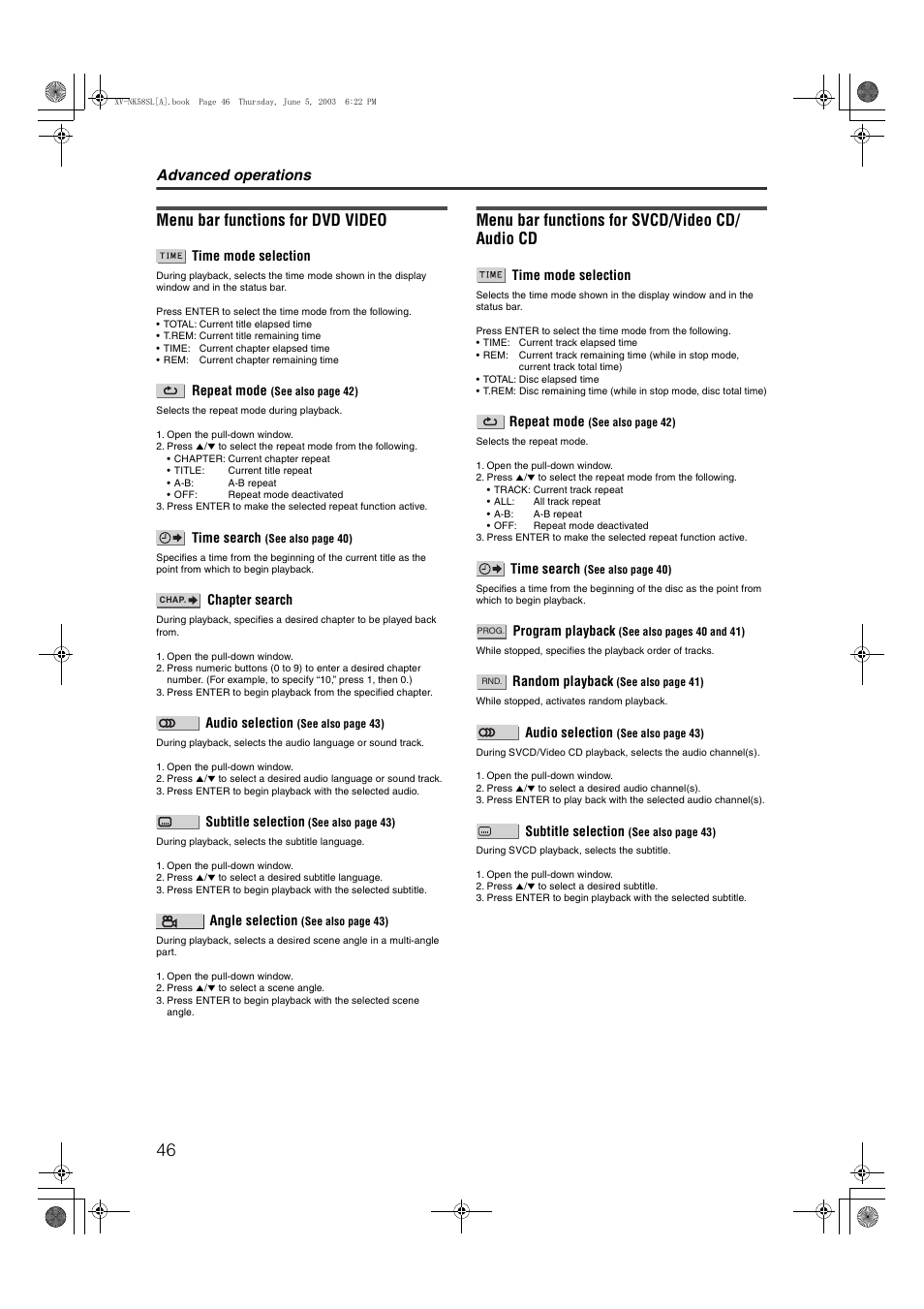 Menu bar functions for dvd video, Menu bar functions for svcd/video cd/ audio cd, Advanced operations | JVC LVT1002-012B User Manual | Page 49 / 78