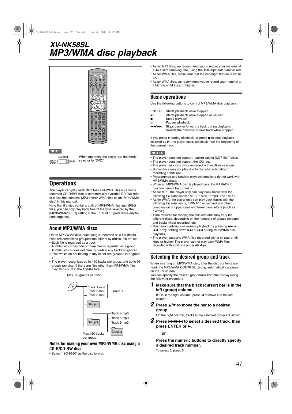 Mp3/wma disc playback, Xv-nk58sl, Operations | About mp3/wma discs, Basic operations, Selecting the desired group and track | JVC LVT1002-012B User Manual | Page 50 / 78