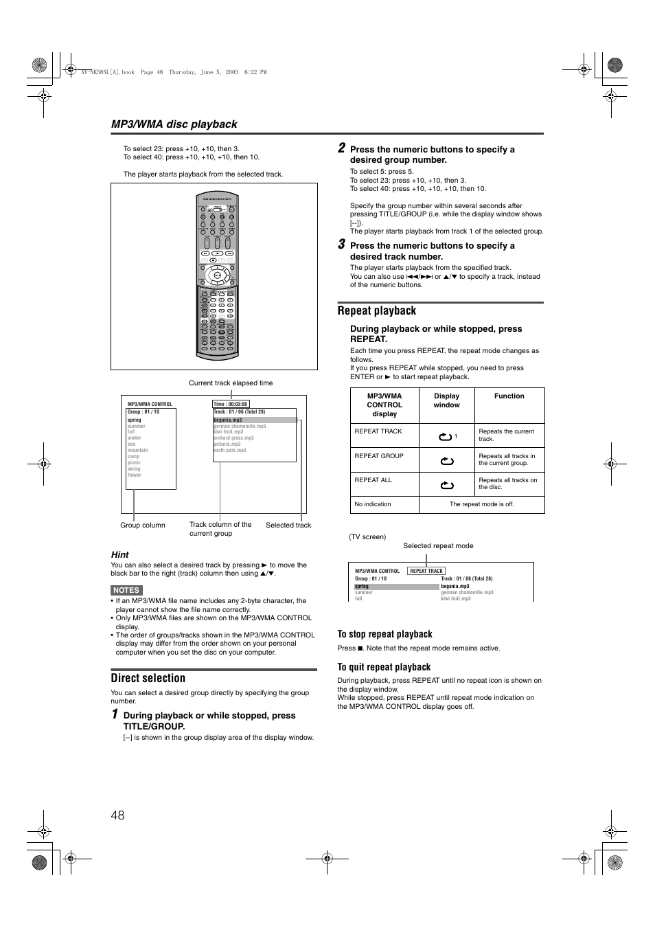 Direct selection, Repeat playback, Mp3/wma disc playback | JVC LVT1002-012B User Manual | Page 51 / 78