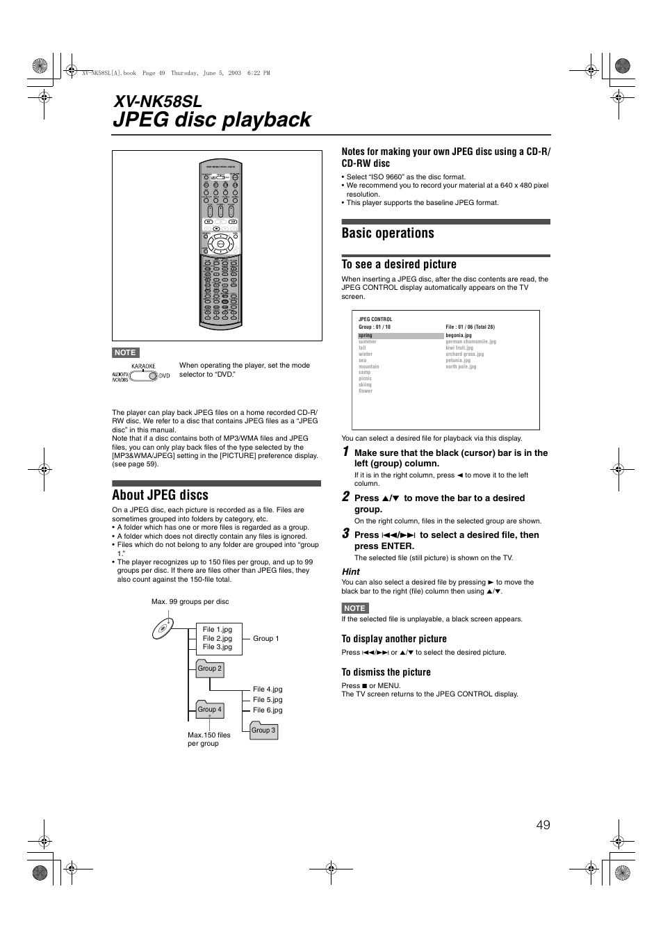 Jpeg disc playback, Xv-nk58sl, About jpeg discs | Basic operations | JVC LVT1002-012B User Manual | Page 52 / 78