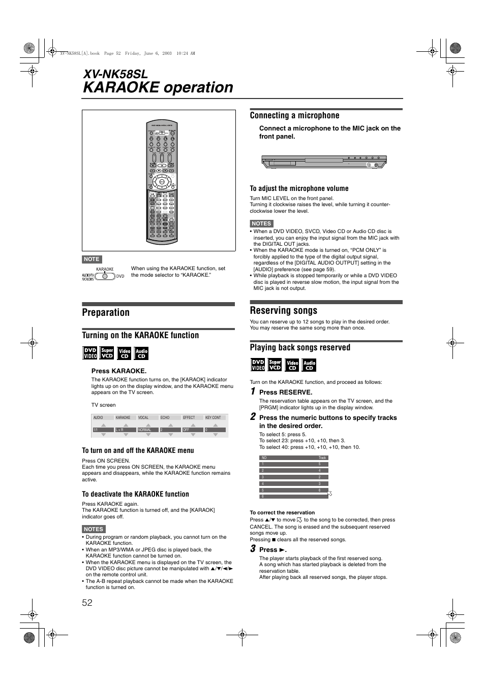 Karaoke operation, Xv-nk58sl, Preparation | Reserving songs, Turning on the karaoke function, Connecting a microphone, Playing back songs reserved | JVC LVT1002-012B User Manual | Page 55 / 78