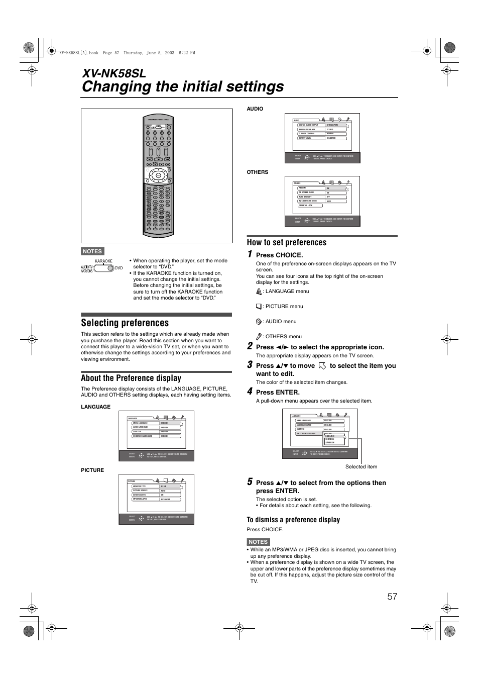 Changing the initial settings, Xv-nk58sl, Selecting preferences | About the preference display, How to set preferences, Press choice, Press 2 / 3 to select the appropriate icon, Press enter | JVC LVT1002-012B User Manual | Page 60 / 78