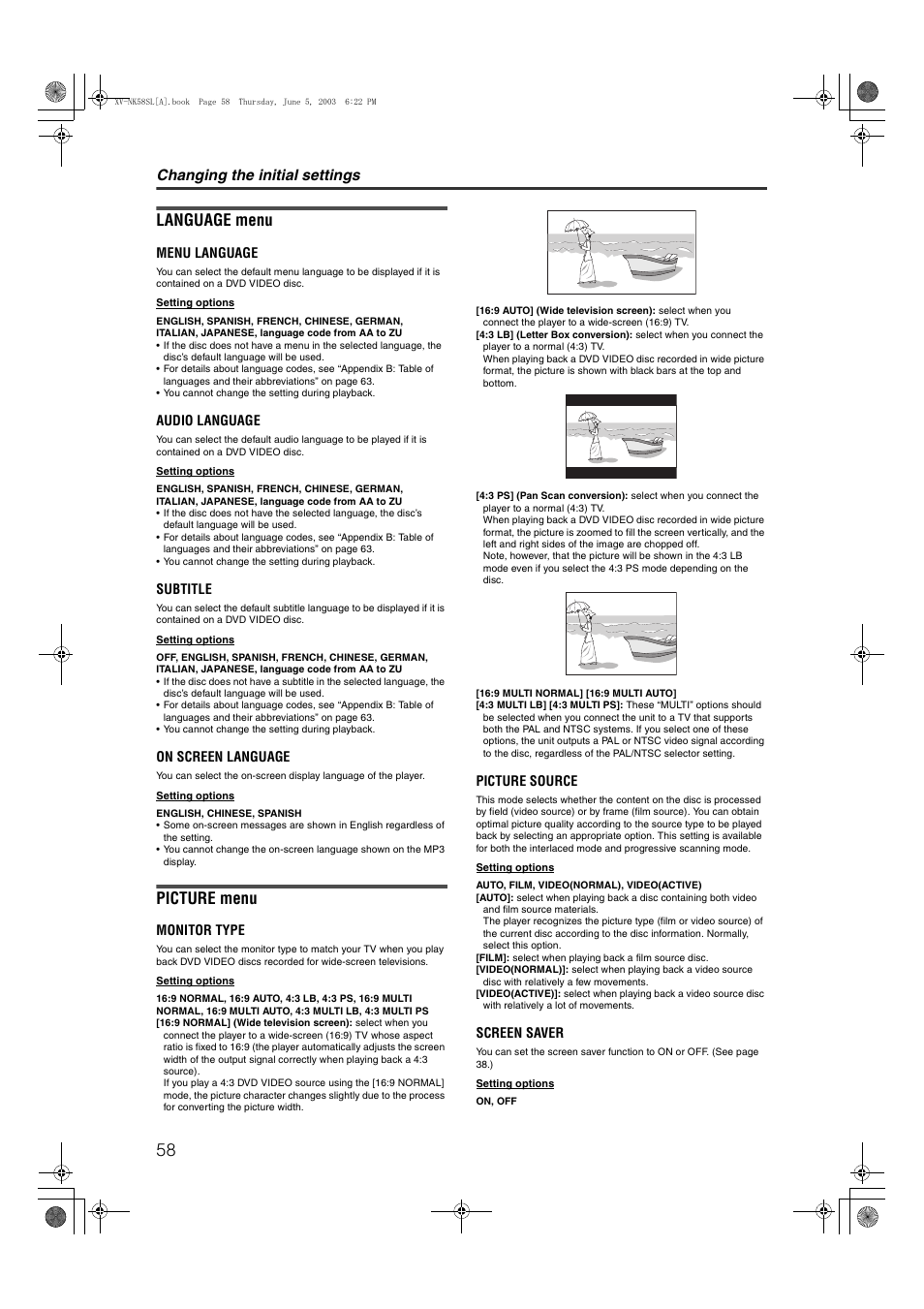 Language menu, Picture menu, Changing the initial settings | JVC LVT1002-012B User Manual | Page 61 / 78