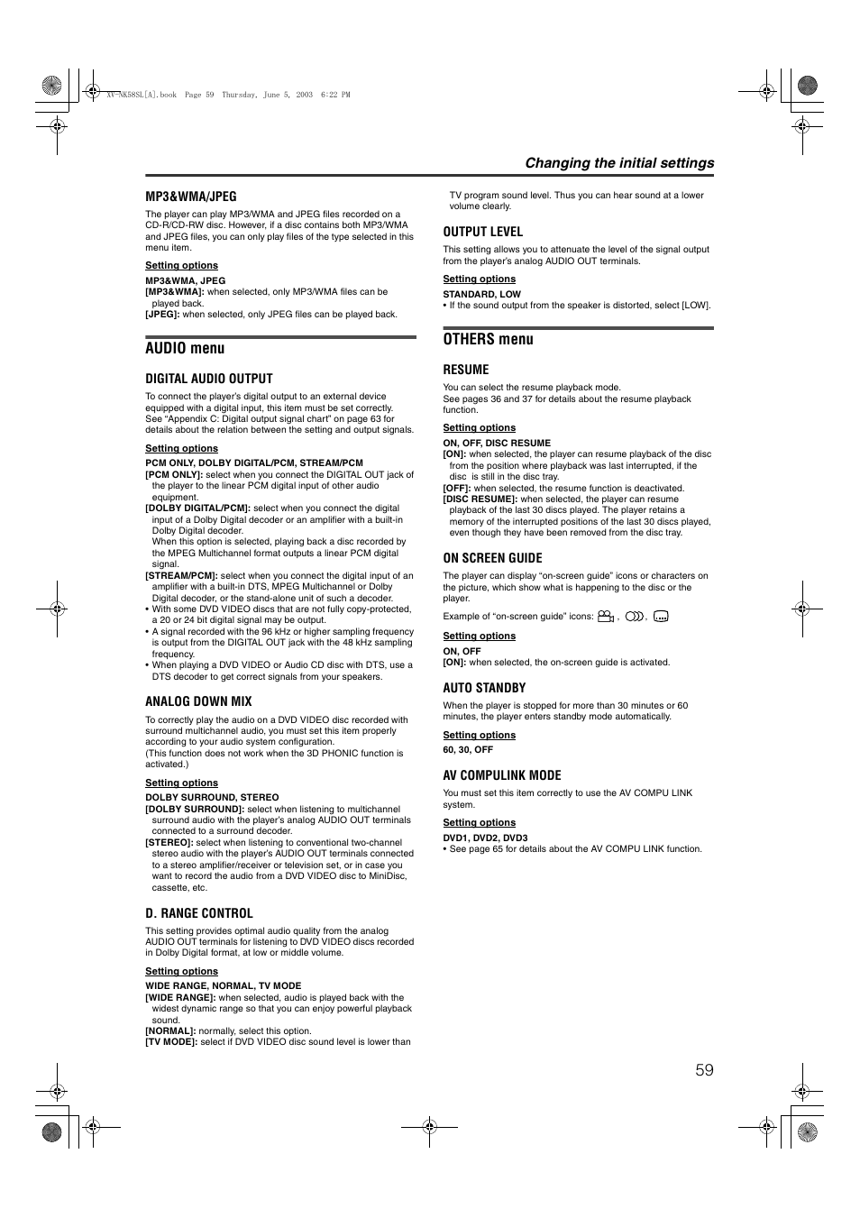 Audio menu, Others menu, Changing the initial settings | JVC LVT1002-012B User Manual | Page 62 / 78