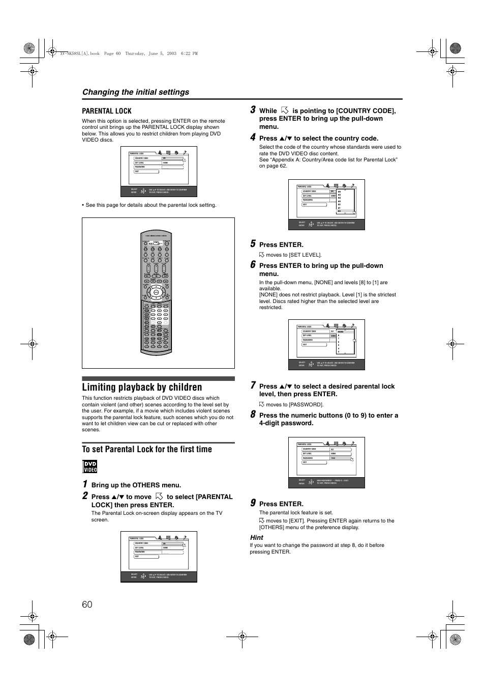 Limiting playback by children, Changing the initial settings, Parental lock | Bring up the others menu, Press 5 / ∞ to select the country code, Press enter, Press enter to bring up the pull-down menu, Hint | JVC LVT1002-012B User Manual | Page 63 / 78