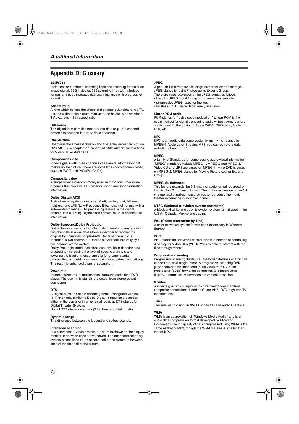 Appendix d: glossary, Additional information | JVC LVT1002-012B User Manual | Page 67 / 78