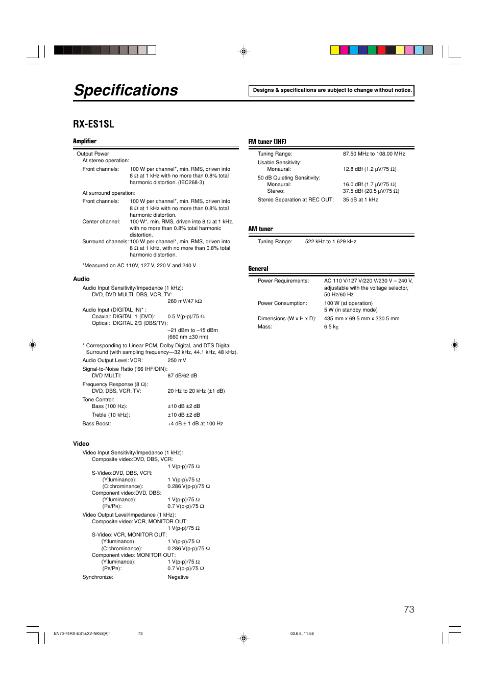 Specifications, Rx-es1sl | JVC LVT1002-012B User Manual | Page 76 / 78