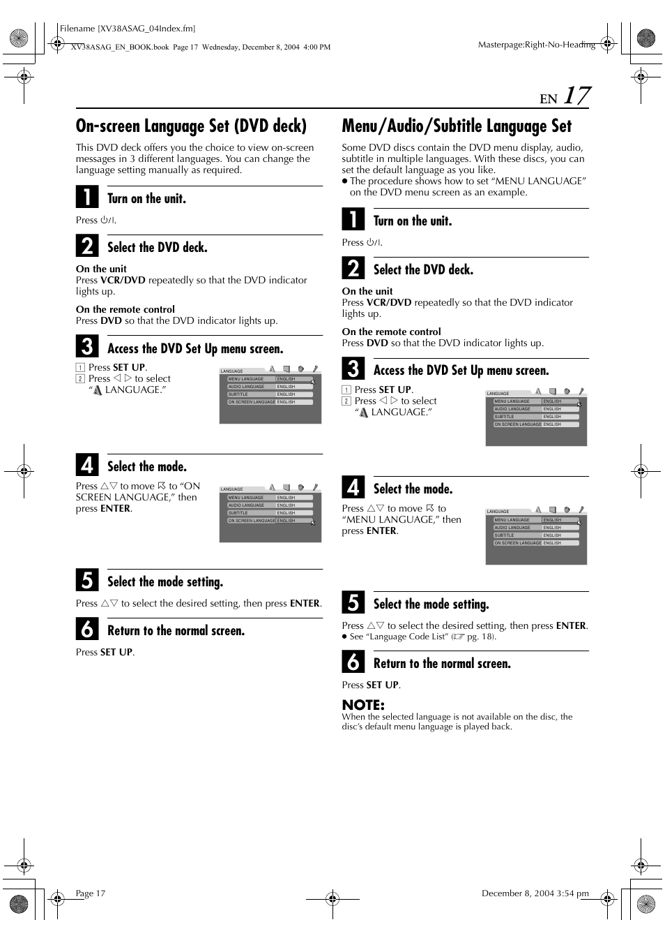 On-screen language set (dvd deck), Menu/audio/subtitle language set, Turn on the unit | Select the dvd deck, Access the dvd set up menu screen, Select the mode, Select the mode setting, Return to the normal screen | JVC 0105KTH-MW-BJ User Manual | Page 17 / 72